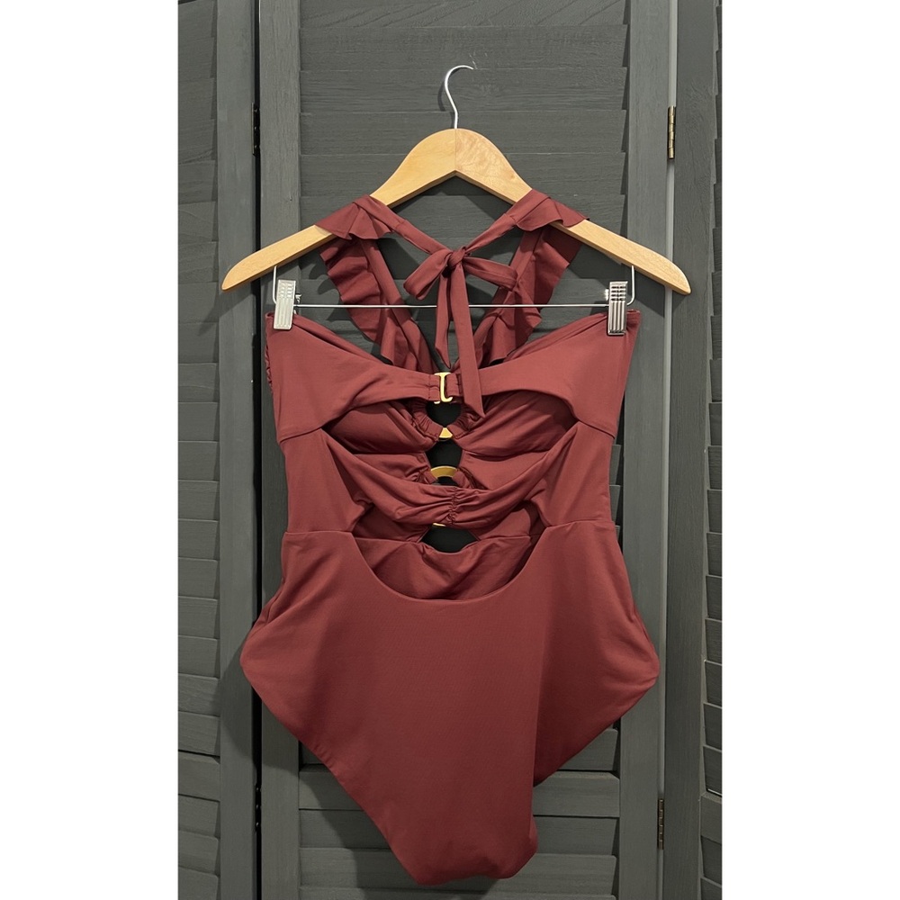 Soluna Swim Brown Buckle Up One Piece Bandeau Swimsuit Cut Out Neckline Size XL - Picture 5 of 10